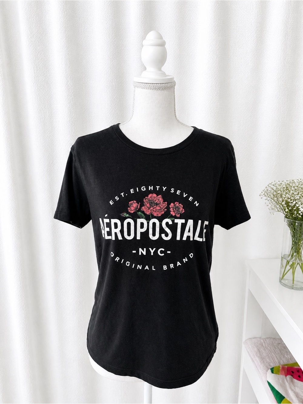 Aeropostale Black Tee with Pink Floral Logo
